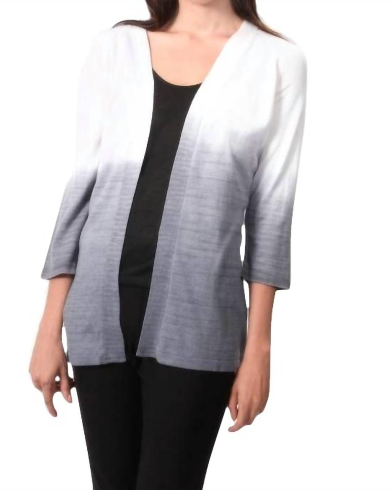 Front of a model wearing a size LG Ombre Back-Cutout Cardigan in Gray/White in Gray/White by ANGEL. | dia_product_style_image_id:327313